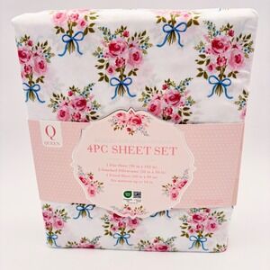 Jardin de Rosalie Queen 4PC Sheet Set Pink Rose Floral Blue Bows Cottagecore